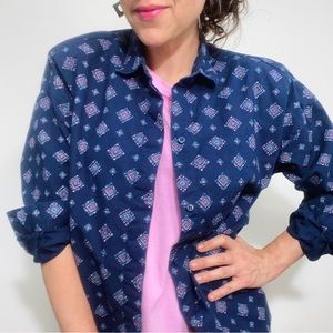 Vintage 90s Aztec Southwest Shirt Blouse Navy Aqua Pink Geometric Print Pastels